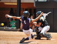 During the bottom of the ninth inning of the 4A semifinal game, an Angleton player attempts to score on a squeeze play against Azle High School.