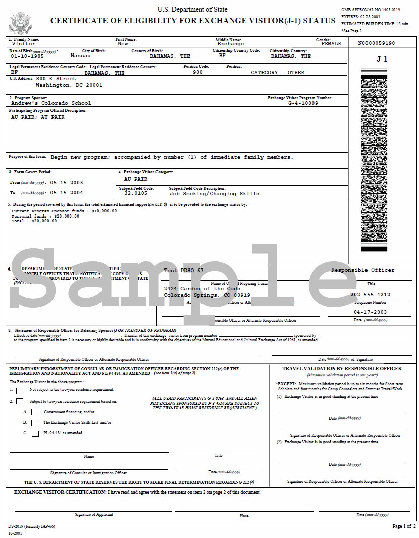 Sample DS 2019 Form
