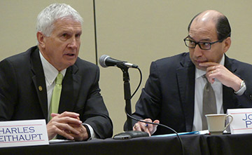 During the October Legislative Council meeting, UIL Executive Director Dr. Charles Breithaupt responds to a question as Raymondville ISD Superintendent Johnny Pineda, the Council Chair, listens. Pineda completed his term as chair at the end of this meeting. 