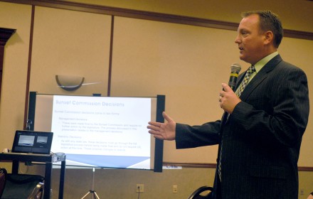 At the Legislative Council meeting, UIL Deputy Director Dr. Jaime Harrison reviews the plans for the rewrite of the Constitution and Contest Rules.