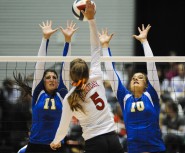 At the Curtis Culwell Center in Garland ISD, Brock High School goes up for a block during the 2A semifinal game against Holliday High School. Brock won the game and went on to beat Schulenburg High School to take home the 2A Conference State Title. 