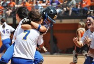 After scoring in the seventh inning to win the game 1-0, the Brock varsity softball team celebrates the victory over Elysian Fields. The girls came into the State Tournament with a 29-8 record. Brock beat Hallettsville 3-0 in the 2A championship game on Saturday, June 6.