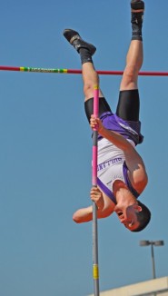 Blair Severson of Holland High School clears the pole vault bar at the 2011 UIL State Track Meet on the University of Texas at Austin campus. Severson won the 1A championship with a best vault of 15 feet, 6 inches.