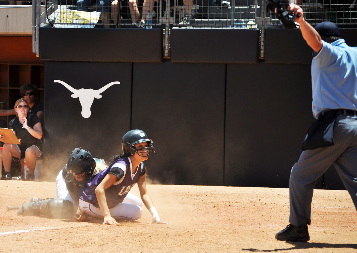 he umpire calls the Angleton player safe, and Angleton wins the game 1-0. Angleton lost the 4A championship game to New Braunfels Canyon 2-4 on Saturday, June 6. All of the state softball playoff games were held at McCombs Field at the University of Texas at Austin.